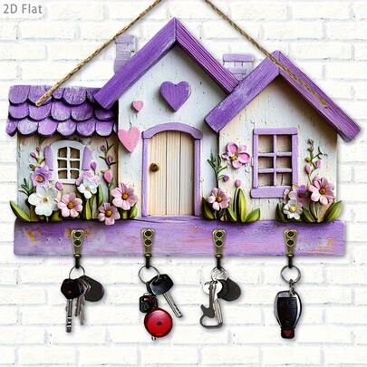 2D Flat 1pc, Little House "Home" Simple Colorful Wooden, With 4 Metal Hooks, Wall Decor, Porch Decor, Room Decor, Villa Decor, Seasonal Home Decor Key Holder