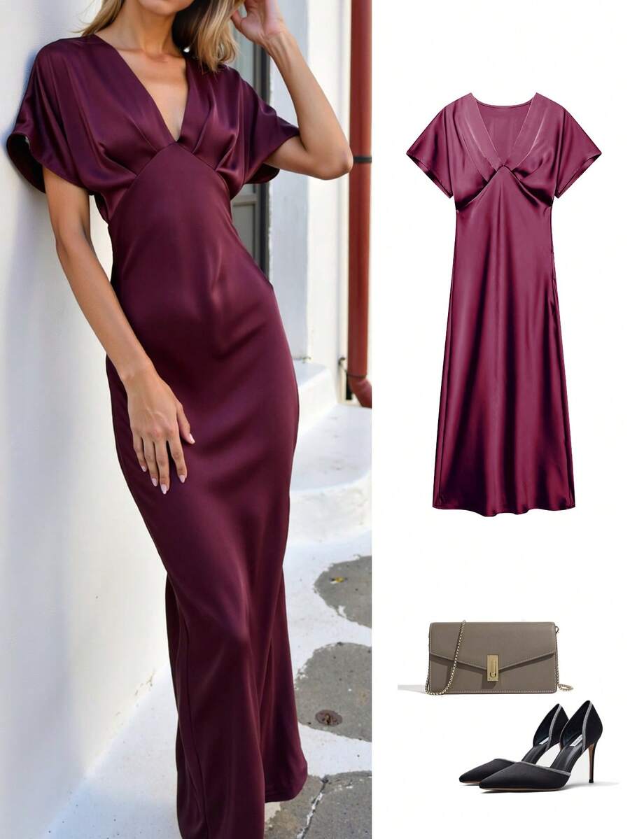 Women's Summer Fashion New V-Neck Waist Cinched Fitted Silk-Like Satin Midi Dress, French Romantic/Vacation Style Elegant - Burgundy - View 1
