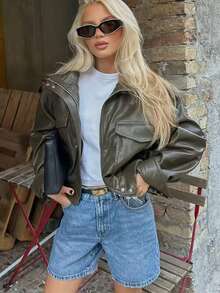 Áo khoác da PU phong cách đường phố dành cho nữ, áo khoác ngắn tay dài cổ đứng màu trơn thời trang, áo khoác ngoài sành điệu cho mùa xuân/thu. - màu xanh lá - Xem 6