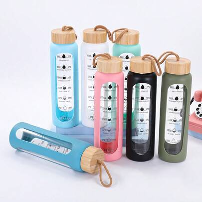 1 pieza Vaso de vidrio de gran capacidad de 1000ml con tapa de bambú y asa de cuerda, funda de silicona portátil, botella de agua graduada, botella de agua deportiva de vidrio de alta calidad