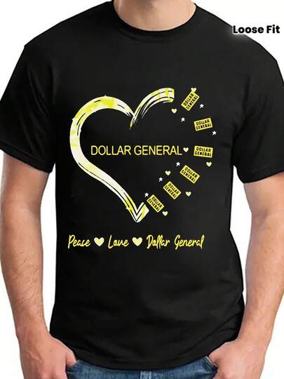 LocalMen's Men's Vintage Dollar General Peace Love Heart Graphic T-Shirt - Black Loose Fit Round Neck, Machine Washable Casual Tee With Peace Signs Dollar Store Design, Allseason Apparel, Retro Style Shirt