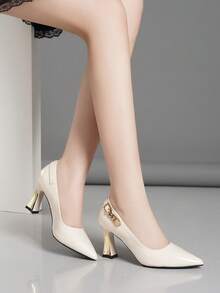 Fall/Winter Women's Fashionable Buckle Accent Solid Color Comfortable Versatile High Heel Flats, Suitable For All Seasons, Elegant - Light Apricot Color - View 3