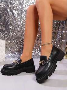 秋冬女士平底乐福鞋，英伦风黑色皮革一脚蹬复古莫卡辛鞋 - 黑色 - 查看 4