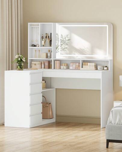 HEXCELEN Schminktisch mit Großem Spiegel, Schminktisch mit LED-Beleuchtung, L-förmiger Eckschminktisch, mit 5 Schubladen und 7 Offenen Fächern, Halskettenhaken, Schlafzimmer, Ankleidezimmer, Modern, Weiß