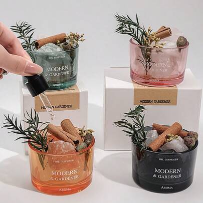 1件套无焰茉莉香薰套装，薰衣草/玫瑰精油扩香石，茉莉精油扩香器，香氛石扩香器，家居香氛套装，客厅/卧室/浴室扩香器，空气净化器，助眠，玻璃底座，粉色/橙色/绿色，包含1/6瓶茉莉/薰衣草/玫瑰精油