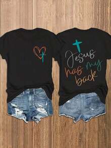 Camiseta casual de verano para mujer con cuello redondo y estampado de corazón y letras - Negro - Ver 9
