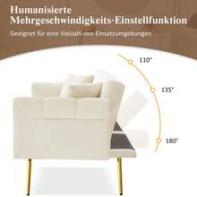 Sofa Bed With Bed Function, Adjustable Angle, Gold Feet, With Cushions And Side Storage Pockets - White - View 4