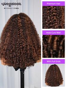MEGALOOK Dark Brown With Highlights Jerry Curly With Finger Coil Ends - 13x6 Three-Go™ Glueless Wigs Drawstring Cap 100% Human Hair Ear-To-Ear Lace Front Wig Pre-Cut Lace Glueless Wig Natural Hairline Curly Wig - S4/30 - View 3
