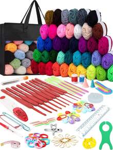 1 Set Beginner Crochet Tool Kit, Includes 100% Acrylic Yarn, Crochet Hooks, And Black Storage Bag, Ergonomic Portable Crochet Set, Suitable For All Beginner Ages (Accessories & Yarn Color Randomly Assorted)