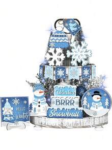 Conjunto de 14 peças de decoração de bandeja em camadas para inverno, conjunto de decorações de bandeja em camadas com boneco de neve, floco de neve, placas de madeira rústicas azuis, peças centrais de mesa para festa de inverno, decoração de centro de mesa para festa de Natal, decoração de casa de Natal - Multicolorido - Ver 6