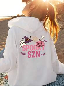 Chaqueta con Capucha para Mujer de Halloween - Sudadera Gráfica Espeluznante con Estampado en la Parte Trasera (Fantasmas, Calabazas, Murciélagos) - Suéter Blanco para Fiestas de Otoño, Ropa Casual Lavable a Máquina, Atuendo de Halloween y Invierno - blanco - Ver 1