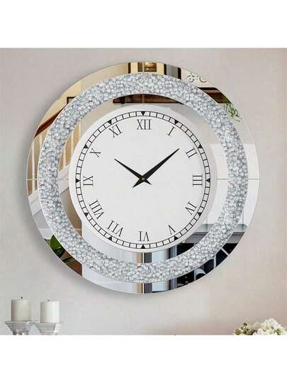 UNHO 60 CM Round Decorative Mirrored Wall Clock Crushed Diamond For Living Room, Bedroom