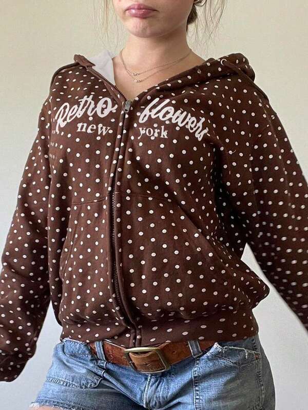 Retro Brown Polka Dot Print Hooded Sweatshirt Women Zip-Up Hoodie Coats Fall Clothes For Women Autumn Going Out Outfit Streetwear Casual Pocket Jacket