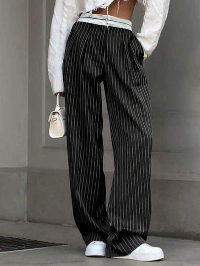 Slim Fit Fashion Creative Design Pants, Straight Leg Casual Loose Trousers, Comfortable Solid Color Vacation Wide Leg Pants, Office Daily Striped Slacks