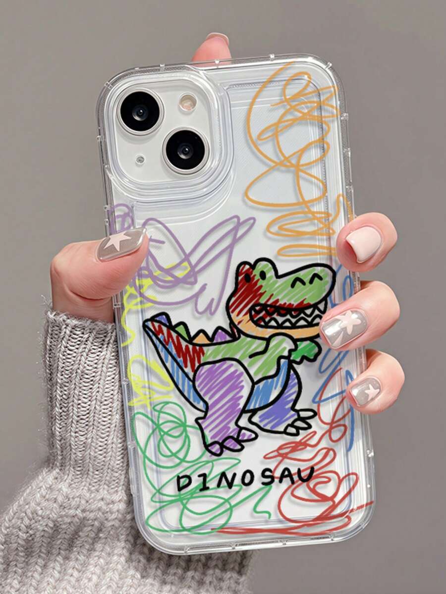 1个彩色线条涂鸦恐龙图案透明气垫全包防摔TPU手机保护壳,兼容 17/16/15/14/13/12/11 Pro Max、S25/24/23/22/21 Ultra、A55/54/53/52/51/50,国际版,非国内版 - 彩色 - 查看 1