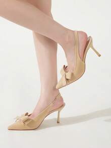 1. Stiletto minimalist pentru femei, cu vârful ascuțit, cu decor de fundă, culoare nud, sandale sexy la modă, albastre, cu toc înalt, potrivite pentru vară, în aer liber, petreceri și sărbători.