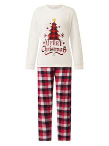 Family Matching Christmas Pajama Set, Christmas Tree Letter Print Long Sleeve Tops And Plaid Pants Holiday Sleepwear Outfits