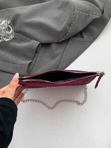 Handmade Chain Strap Shoulder Bag, Versatile & Multifunctional, Metallic Silver Color, Baguette Underarm Handbag, Shoulder/Crossbody Bag, Zipper Closure - Grey - View 9