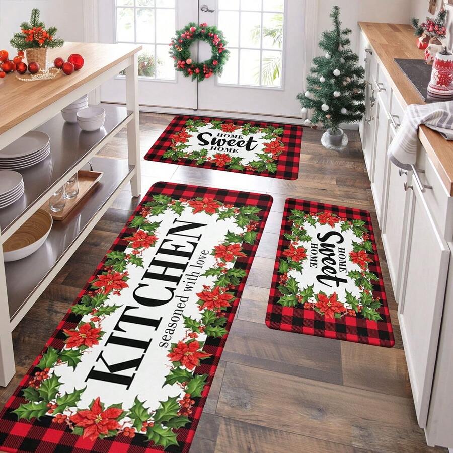 1/2/3 Stücke verstärkte 0.47 Inch/1.2cm Weihnachts-Küchen-Teppiche und -Matten - Rot karierte Weihnachts-Teppiche und -Matten rutschfest waschbar, Fußmatte mit geringer Profil für Feiertage, Weihnachtsdekoration für Zuhause, Heim süßes Heim