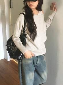 2 件套舒适百搭纯色长袖套头衫 + 纯色背心，2025 年秋冬 - 米色 - 查看 3