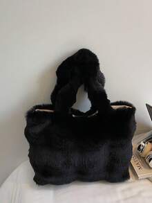 秋冬新款毛绒单肩包大容量手提包拼布托特包纯色仿皮草手提包多功能女包优雅百搭通勤包 - 黑色 - 查看 8
