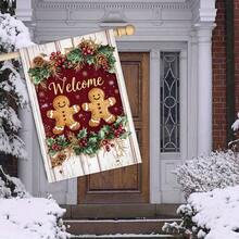 1pc Double-Sided Linen Welcome Gingerbread Couple Christmas Garden Flag - Weather-Resistant Outdoor Holiday Decoration With Festive Gingerbread Men, Red Berries & Golden Accents, No Electricity Needed For Lawn, Yard, Or Porch, Christmas Decorations Outdoor, Yard Decoration, Seasonal Home Accent
