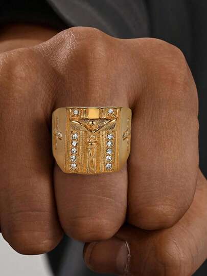 1枚18K镀金不锈钢经典人像十字图案男士戒指，日常佩戴珠宝礼品