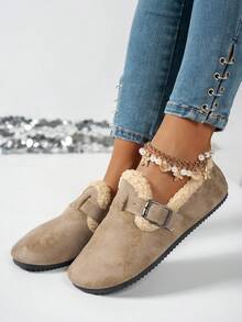 女士平底毛绒套脚鞋，柔软舒适圆头休闲平底鞋，轻便日常鞋，适合万圣节、母亲节、秋冬季保暖新款，毛绒鞋 - 卡其色 - 查看 2