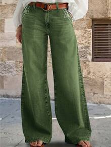 Women's New Distressed Stretch Wide Leg Straight Jeans - Army Green - View 2