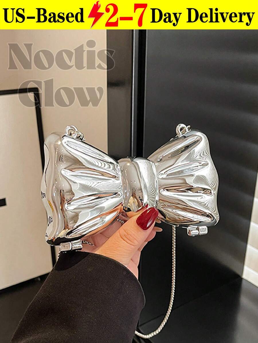 Mini Bowknot Mini Evening Bag, Small Personalized Fashion Chain Lipstick Bag For Women, Suitable For Valentine's Day, Party, Date, Decorative Shoulder Crossbody Bag, Coin Purse, Silver, Gold Earphone Case - 彩色 - 查看 1