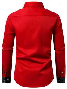 Men's Contrast Trim Long Sleeve Formal Shirt, Red Patchwork With Black - Red - View 2
