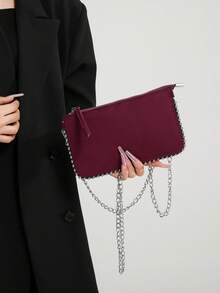 Handmade Chain Strap Shoulder Bag, Versatile & Multifunctional, Metallic Silver Color, Baguette Underarm Handbag, Shoulder/Crossbody Bag, Zipper Closure - Grey - View 7