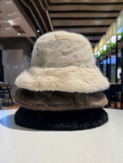 1pc Women's Autumn/Winter Plush Thickened Warm Faux Mink Fur Bucket Hat, Casual Versatile Knit Cap Suitable For Daily Use Winter Warm