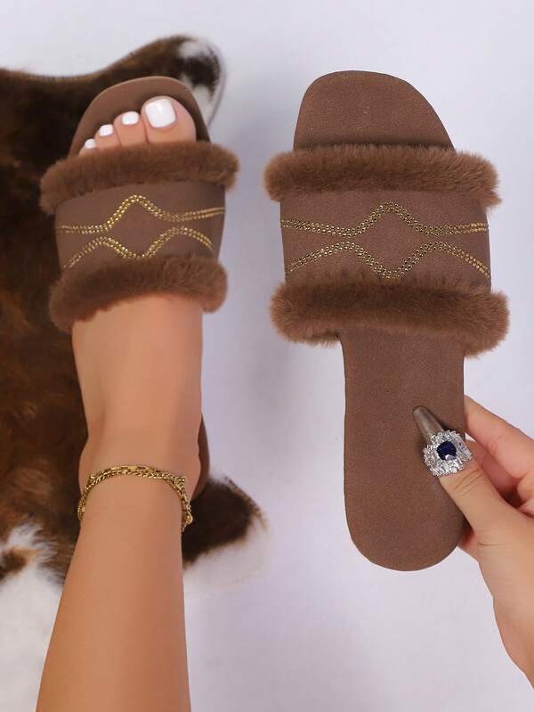 Women's Fashion New Flat Square Toe Open Toe Slip-On Fluffy Slippers, Solid Color Casual Beach/Outdoor/Indoor Soft Plush Slippers For Winter