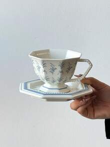 1pc European Elegant Ceramic Coffee Cup & Saucer Set, Vintage Chic Pink & Black Floral/Light Blue Floral Octagonal Mug, Embossed Design Coffee Cup, Suitable For Weekend/Afternoon Tea, Gathering With Friends, Tea & Coffee Drinking, Gift