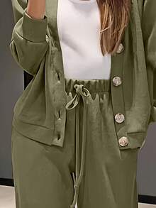 YI XUAN Plus Size Women 2 Pieces Set, Casual Knit Button-Up Cardigan Jacket And Drawstring Pants Elegant Spring - Green - View 5