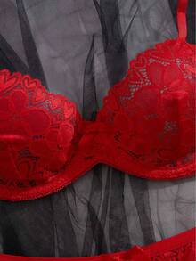 Women's Solid Color Lace Spaghetti Strap Sexy Lingerie Set - Red - View 4