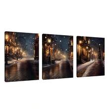 3 pièces Scène de rue enneigée moderne Toiles murales, Impression haute définition avec cadre en option, Convient pour les salons, chambres à coucher, salles de bain, bureaux, cafés, salles de sport, décorations de fête de famille, peintures murales de décoration de la maison, peintures murales de décoration de Noël, cadeaux idéaux pour les amis