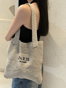 Knitted Shoulder Bag, Versatile Beach Tote Bag With Embroidered Hollow Letter Design, Casual Travel , Beach Bag QDXO - 彩色 - 查看 5