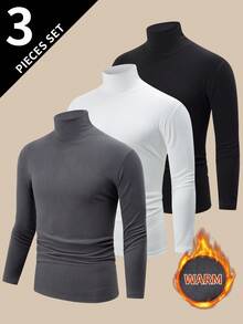 3pcs High Neck Long Sleeve T-Shirts For Men, Reversible Fleece Fabric, Warm Casual Thermal Undershirt, Autumn/Winter
