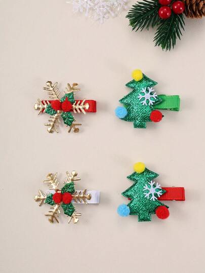 Set de 4 pinzas para el cabello con pompones en forma de árbol de Navidad y copos de nieve, accesorios navideños lindos para el cabello