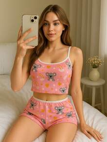 Blogger Pajamas With Shorts – Baby Doll Cropped In Printed Suede - Hồng - Xem 1