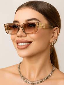 Retro Rectangular Plastic Frame Sunglasses, Classic And Elegant Design, UV Protection, Beach Accessories, To Wear With Sweater, Denim, Sweatpants, Jacket, Dress, Long Sleeve Shirt, Ideal For Family Outings, Beach, Travel And Summer Vacation - 香檳色 - 查看 1