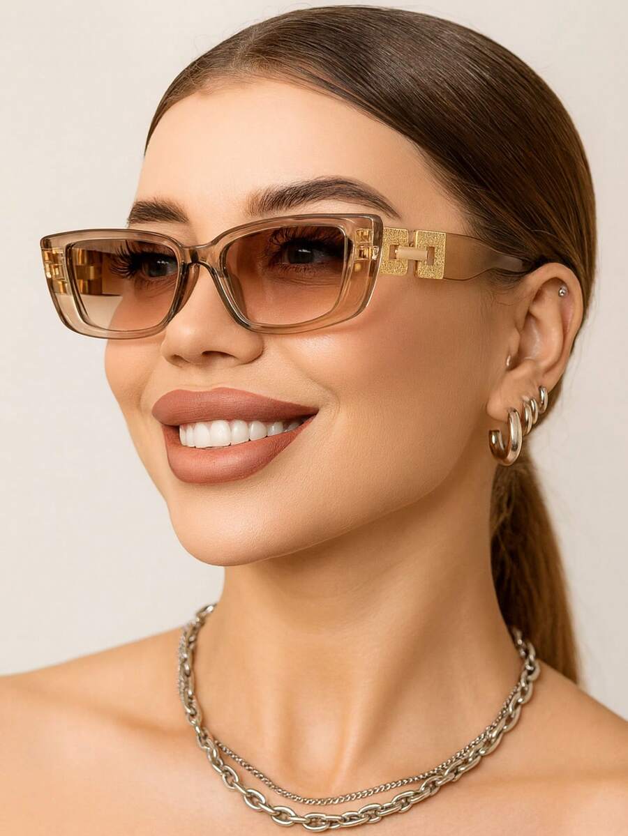 Retro Rectangular Plastic Frame Sunglasses, Classic And Elegant Design, UV Protection, Beach Accessories, To Wear With Sweater, Denim, Sweatpants, Jacket, Dress, Long Sleeve Shirt, Ideal For Family Outings, Beach, Travel And Summer Vacation - 香檳色 - 查看 1