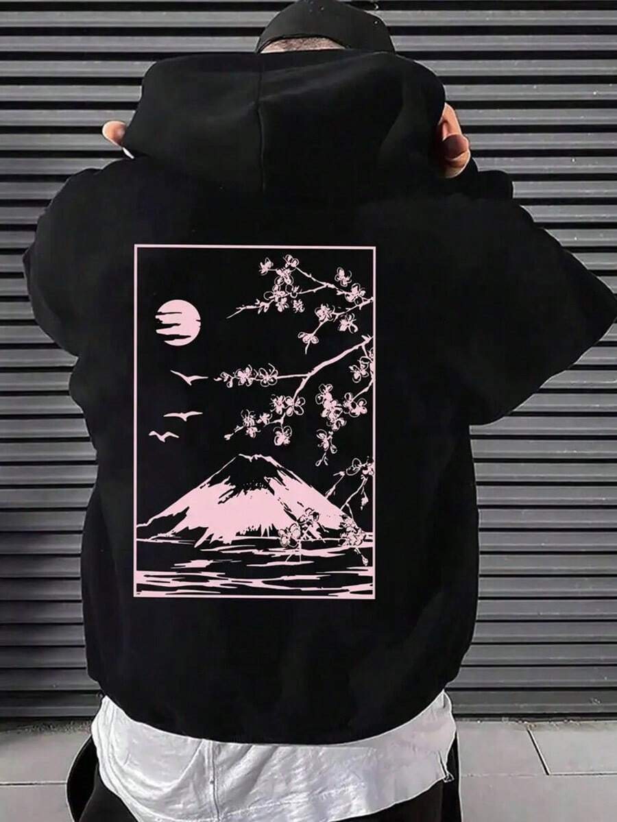 Mount Painting, Men's Casual And Cozy Hoodies, Y Long Sleeve Hooded Sweatshirt, Casual Versatile Top For Autumn Winter,Fall Hoodies,Men's Fall Clothes,Street Wear,Halloween,Mens Hoodies,Y2k Clothes,Jesus Hoodie,Thanksgiving Day,Nightmare Before Christmas,Christmas - Black - View 1