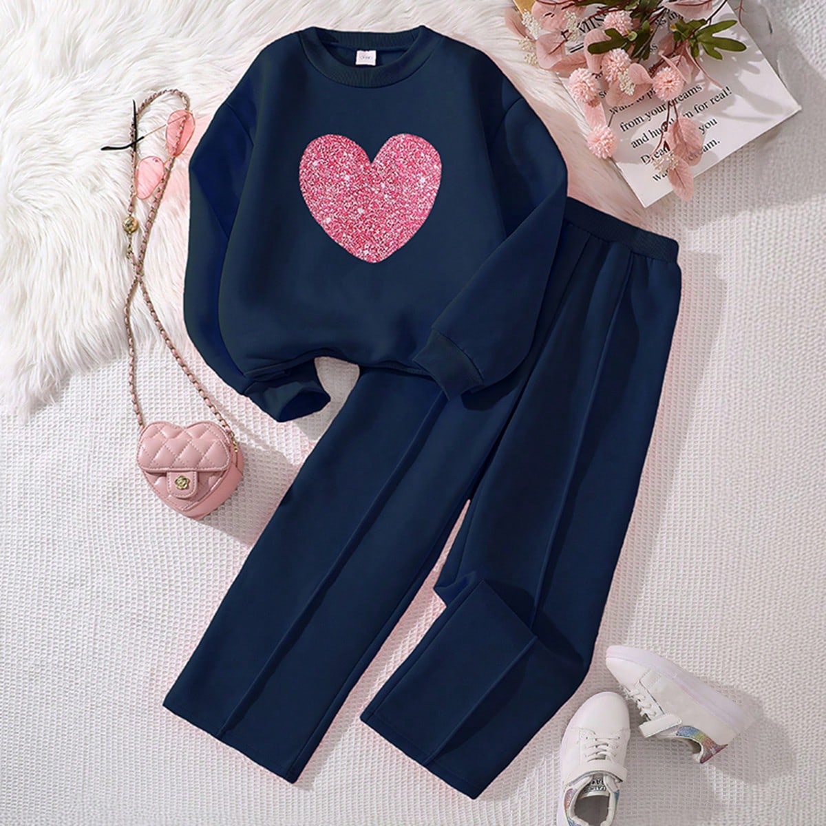 Set de 2 piezas de blusa de manga larga con forro térmico y pantalones rectos con estampado floral para niñas preadolescentes, otoño/invierno