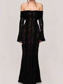 Off Shoulder Flared Long Sleeve Long Gowns Dresses - 黑色 - 查看 7