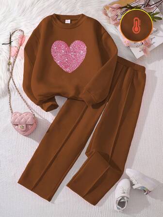 Left Mama 2pcs/Set Tween Girl Floral Print Thermal Lined Long Sleeve Top And Straight Pants Set, Autumn/Winter