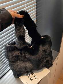 秋冬新款毛绒单肩包大容量手提包拼布托特包纯色仿皮草手提包多功能女包优雅百搭通勤包 - 黑色 - 查看 4