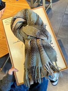 1条女士绿色复古格子休闲奢华仿羊绒围巾 - 超级柔软、保暖舒适、无弹力、防寒、优雅流苏饰边，适合秋冬季节，时尚披肩 - 彩色 - 查看 4